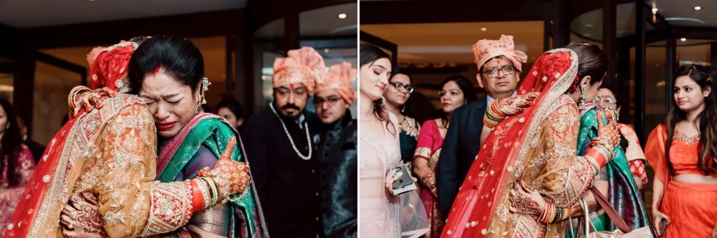 A emotionally touching moment capturing the bride's emotional bidai ceremony as she departs from her family home, surrounded by loved ones, during her traditional Indian wedding