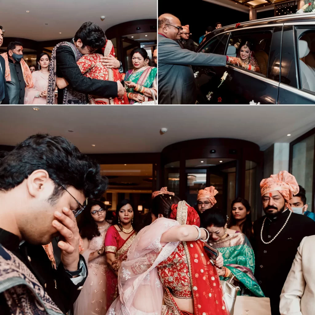 A picture of a bride's bidai ceremony where her brother is emotionally moved and shedding tears as she leaves for her new journey after the wedding.