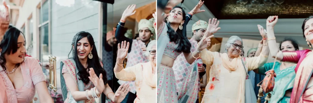 A group of wedding guests joyously dancing together, expressing celebratory movements amidst cheerful music and festive decor.