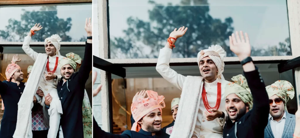 An Indian groom joyously dancing in traditional attire, expressing celebratory movements amidst vibrant cultural decor and music.