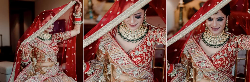 An Indian bride adorned in traditional bridal attire, including intricate jewellery, vibrant fabrics, and henna designs, radiating elegance and cultural richness.