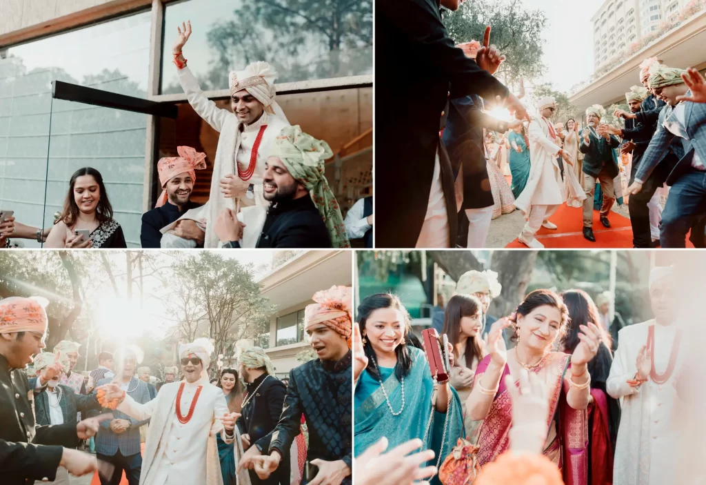 An Indian groom joyously dancing with wedding guests, showcasing celebratory movements amidst vibrant cultural decor and music.