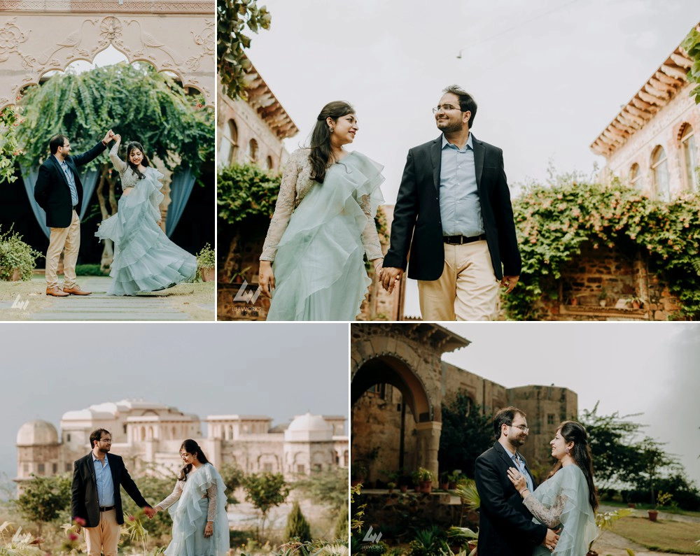 A couple holding hands and gracefully dancing together, exhibiting an air of romance and jubilation during their pre-wedding shoot. Their coordinated movements and tender embrace showcase the love and joy they share as they prepare for their wedding day.