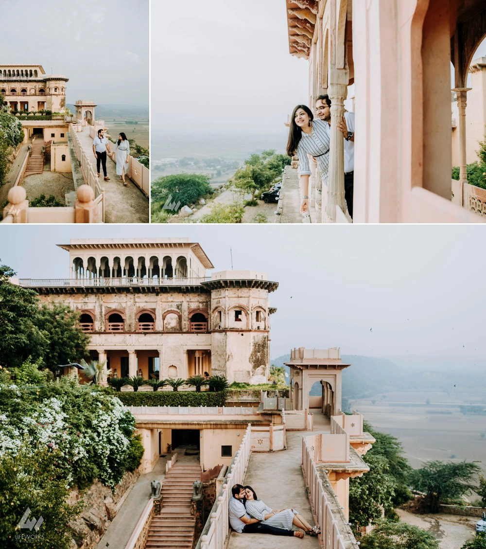 Amidst the grandeur, a couple sits gracefully on the floor, surrounded by antiquated architecture, creating a serene and romantic ambiance.