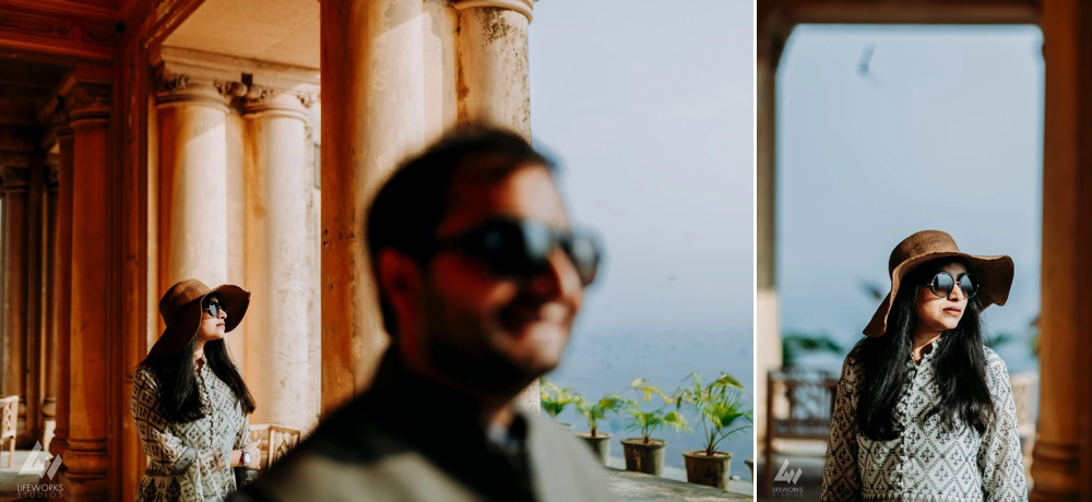 A radiant couple posing amidst the timeless grandeur of the historic fort, creating a captivating and romantic scene.