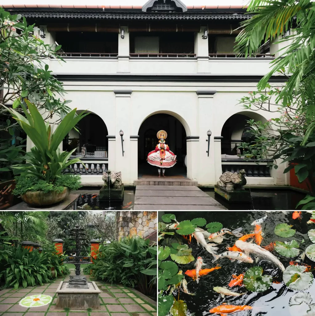 A collage of a wedding venue, and a boy wearing traditional Kathakali dress.