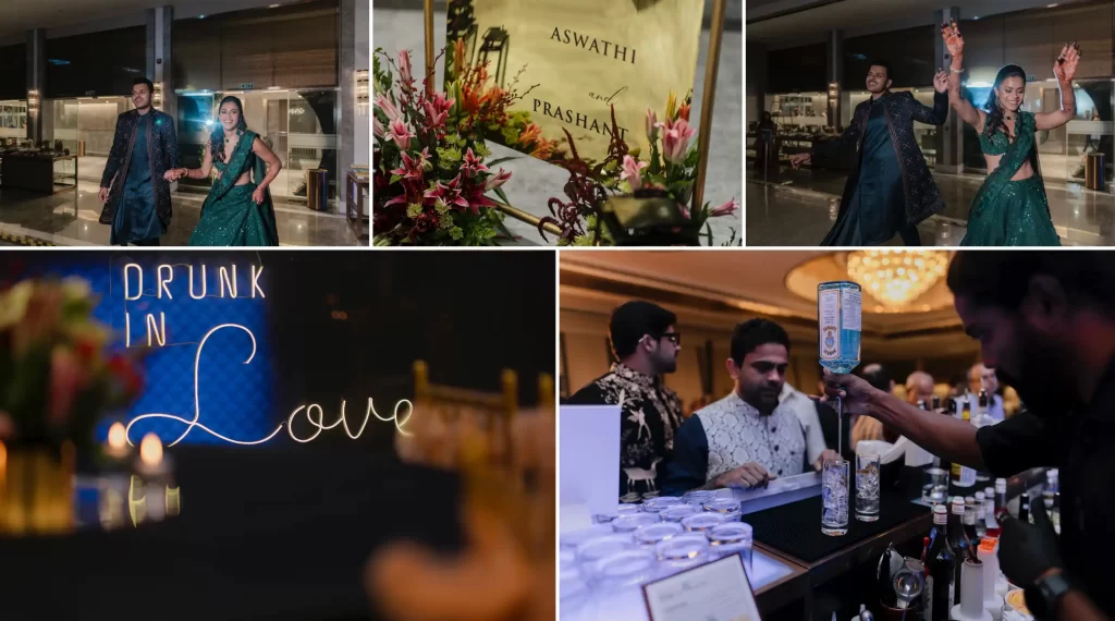 A collage of the bride and groom dancing, alongside waiter making a drink.