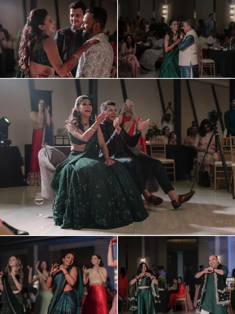 A collage of the bride and groom enjoying a dance performance by their relatives.