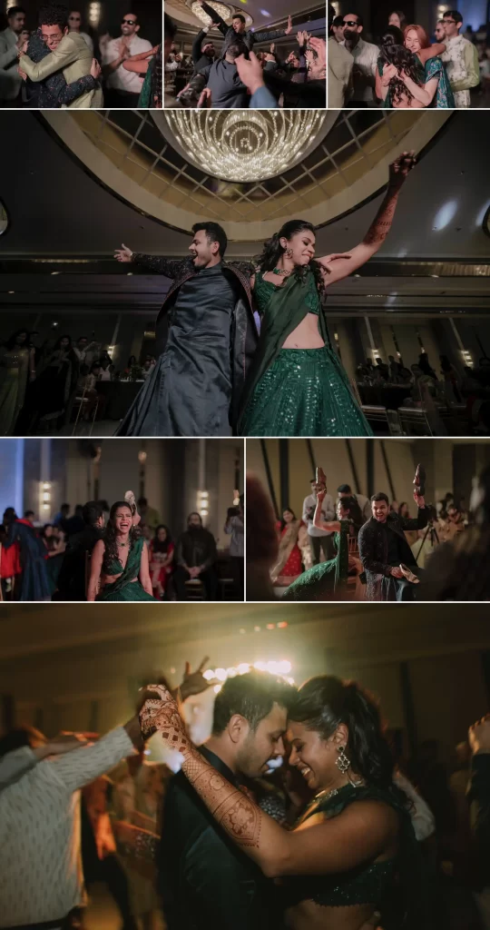 A collage of the bride and groom dancing and playing games during their sangeet function.