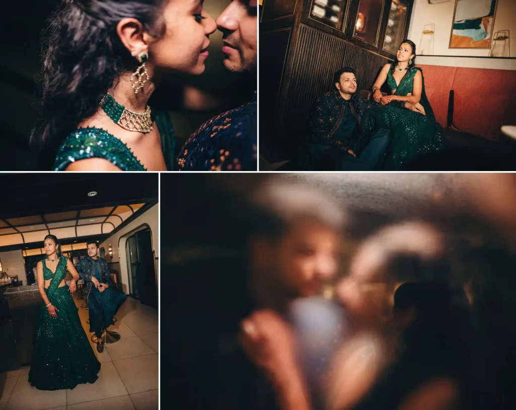 A collage of the bride and groom at their vibrant and celebratory sangeet ceremony.