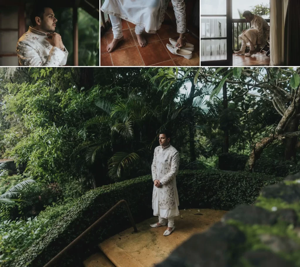 A collage of the groom preparing for his wedding day, surrounded by traditional attire and grooming essentials.