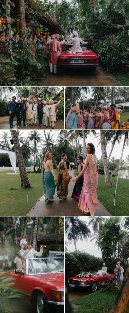 A collage of the groom's baraat procession with guests joyfully celebrating and dancing along the way.