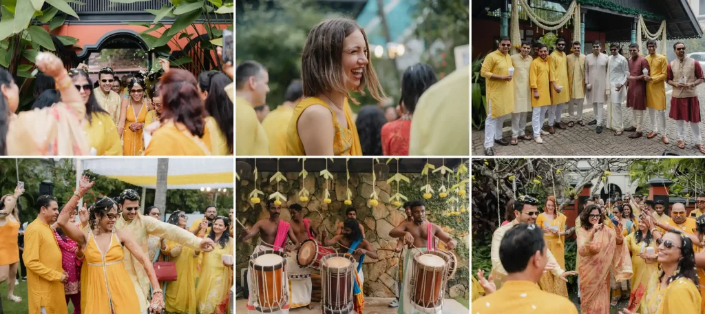 A collage of the bride and groom during their haldi ceremony. And guest enjoying and dancing.