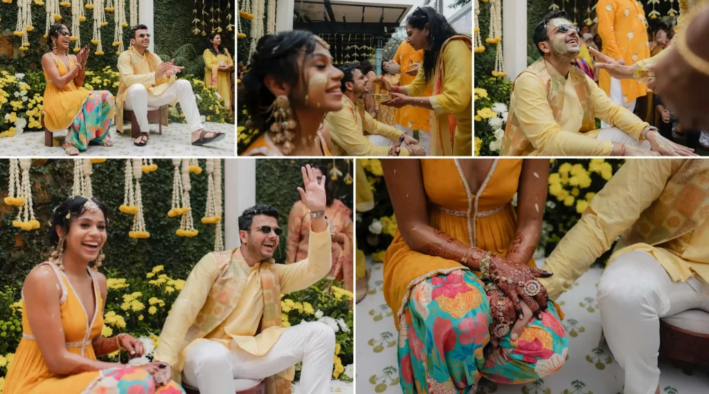 A collage of the guest appling haldi to bride and groom during their ceremony.