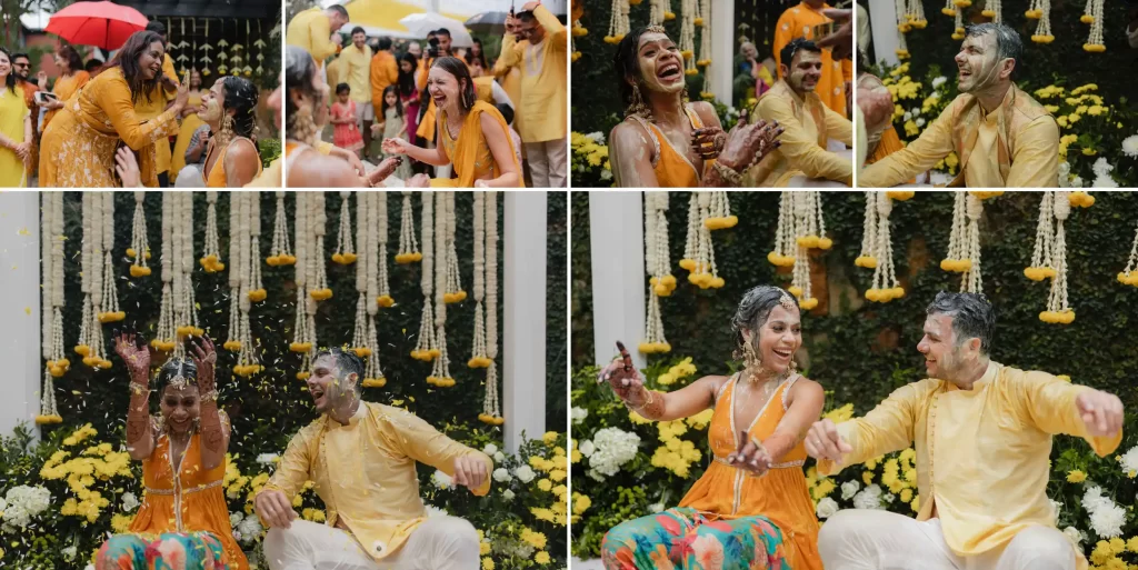 A collage of the bride and groom dancing during their haldi ceremony.