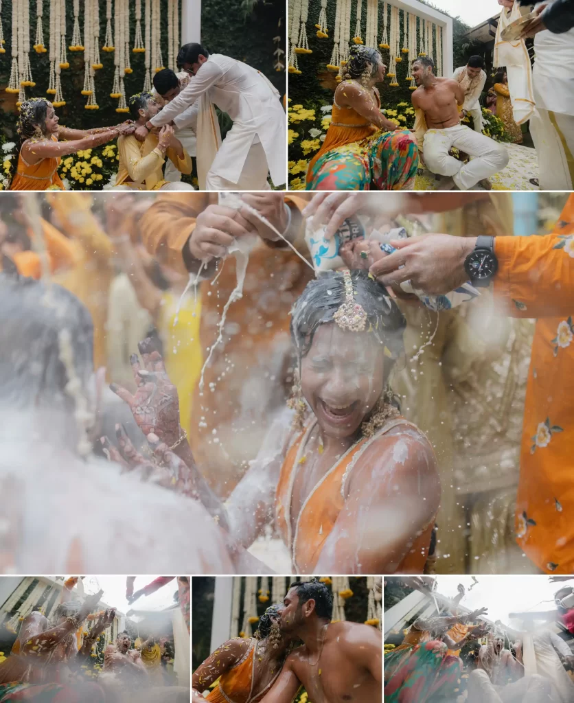 A collage of the bride and groom enjoying during their haldi ceremony.