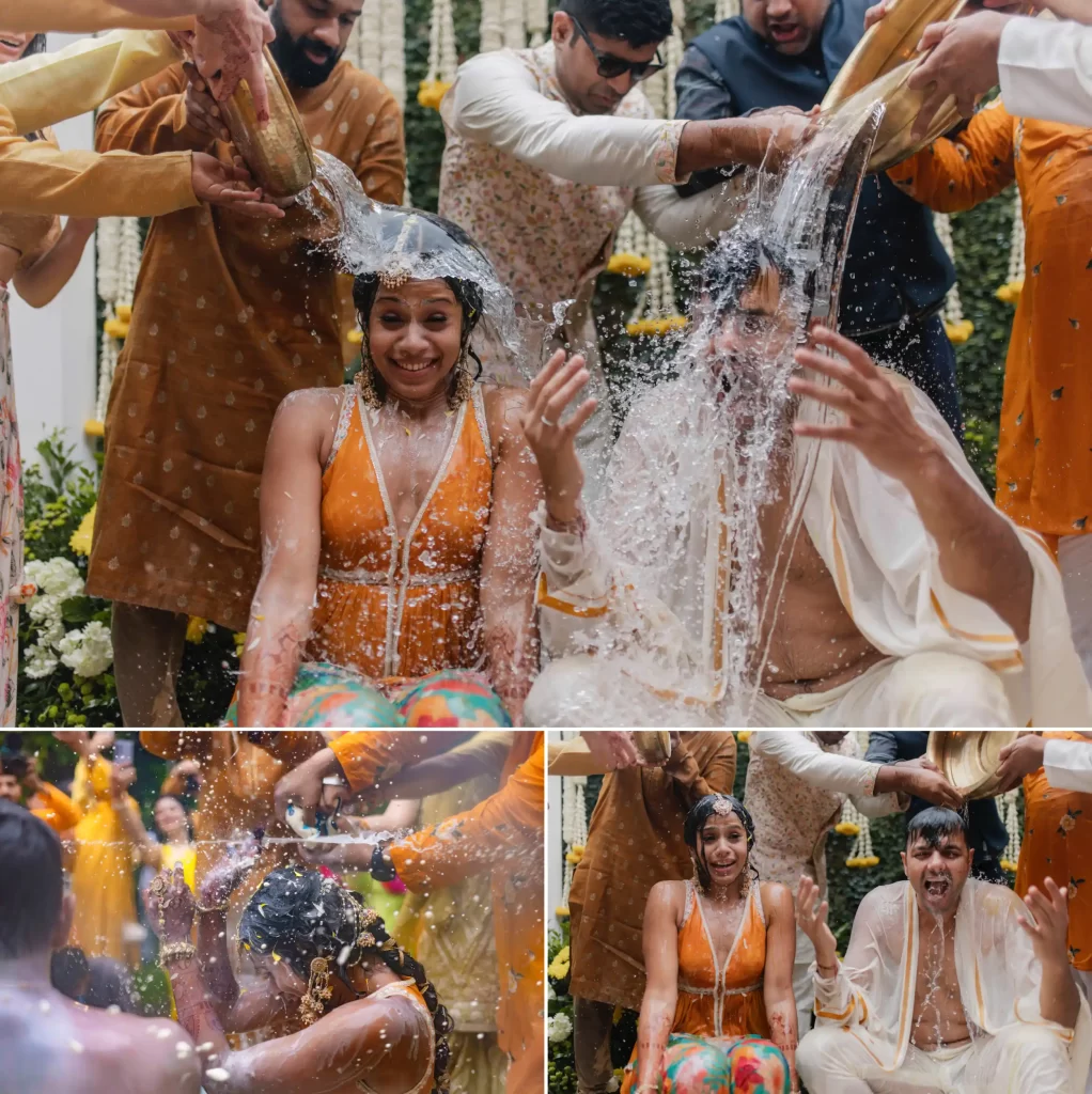 A collage of the bride and groom during their haldi ceremony.