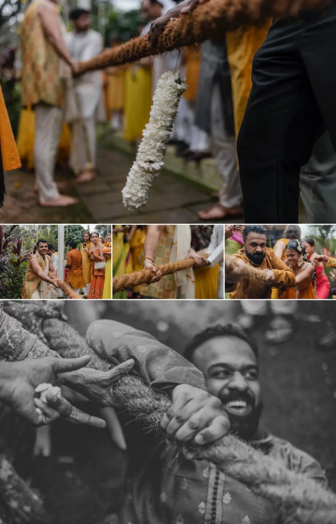 A collage of the bride and groom in a Haldi ceremony, participating in celebratory games.