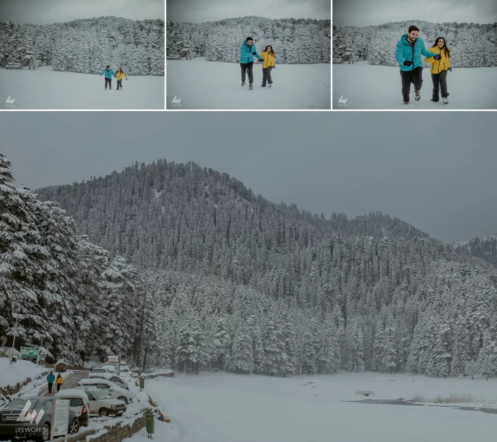 portrait of Medha and Digvijay framed by Khajjiar's natural beauty