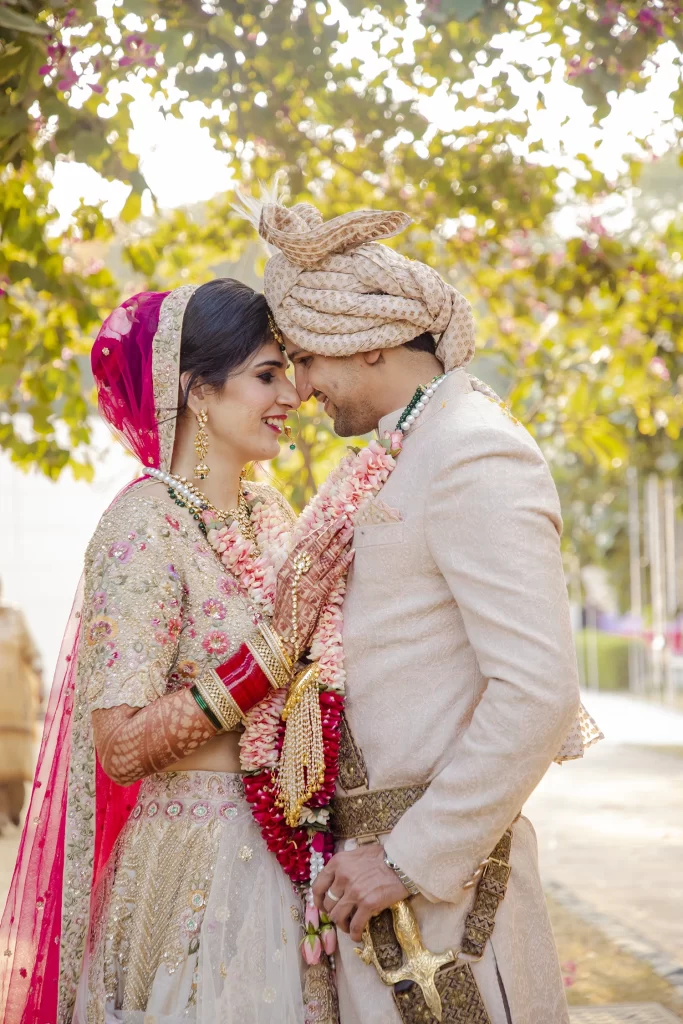 Joyful newlywed couple takes part in a stunning post-wedding photo session, radiating love and delight in a picturesque setting.