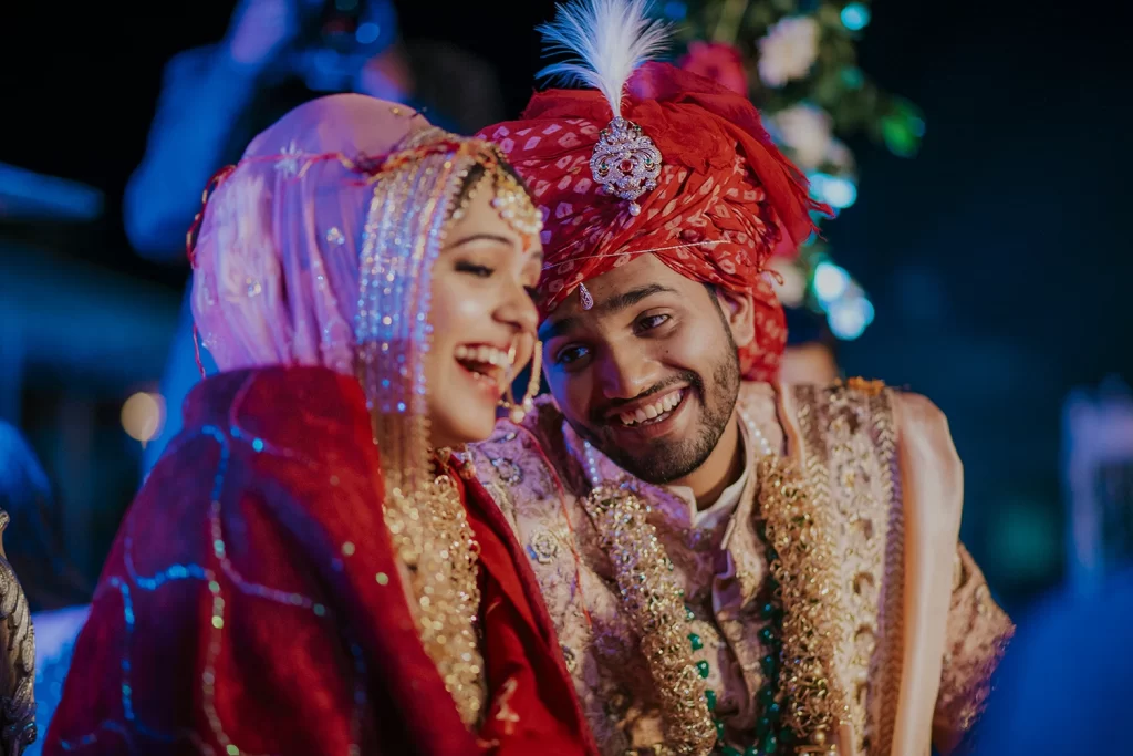 Happy bride and groom on their wedding day, smiling with love and joy.