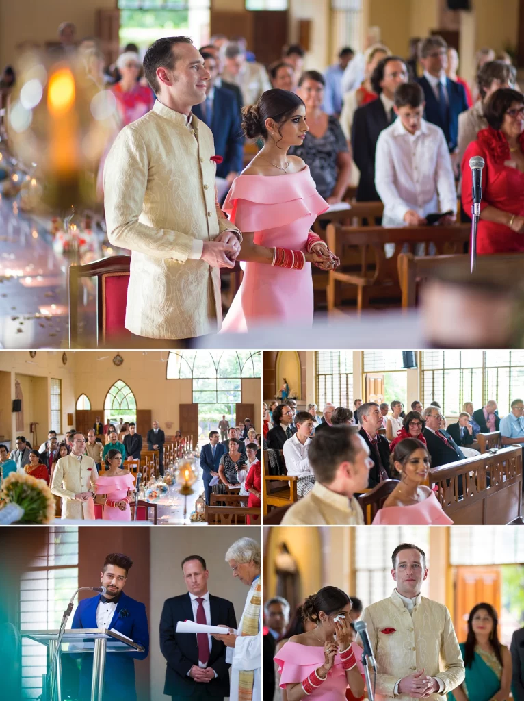 A bride standing in a church looking emotional with tears in her eyes during her wedding ceremony, surrounded by the family.