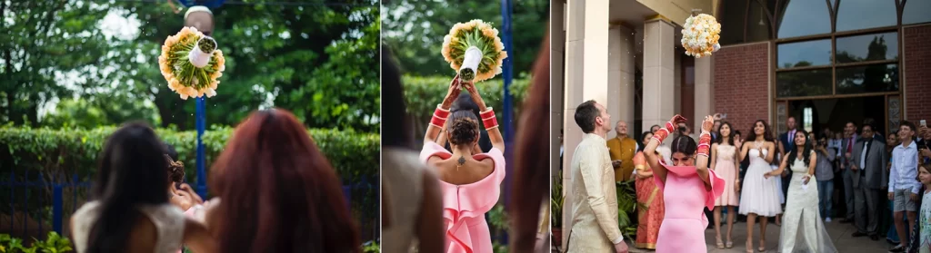 The bride joyfully tossing her bouquet of flowers as part of the Christian wedding tradition, surrounded by elated guests in the picturesque setting of the church