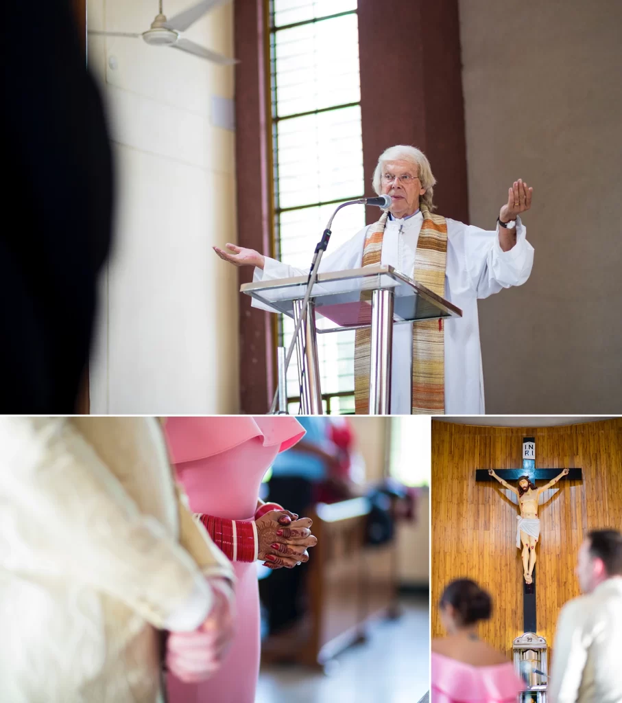 A father speaking to the bride and groom during a wedding ceremony in a church, with the couple attentively listening.