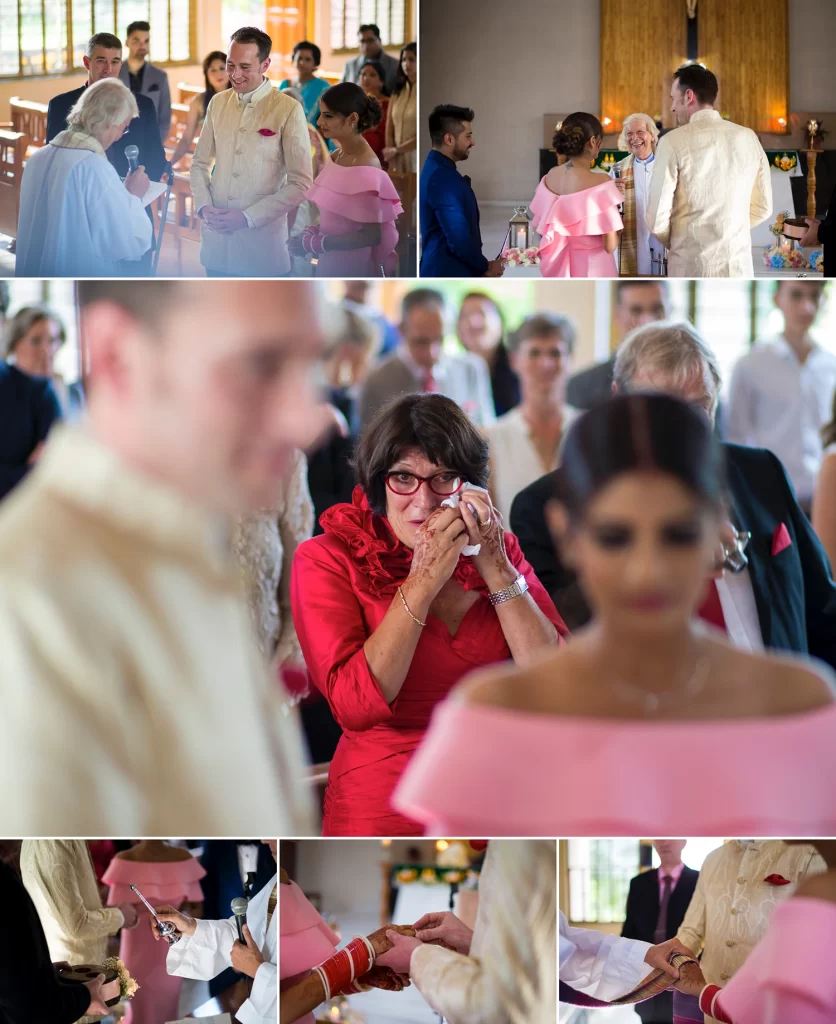 A bride standing in a church looking emotional with tears in her eyes during her wedding ceremony, surrounded by the family.