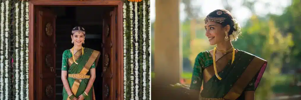 "A bride in a vibrant green saree, adorned in traditional attire, looking radiant and ready for her wedding celebration."