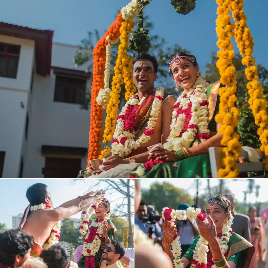 A bride and groom exchanging varmala garlands in a traditional wedding ceremony, surrounded by joyous family and friends