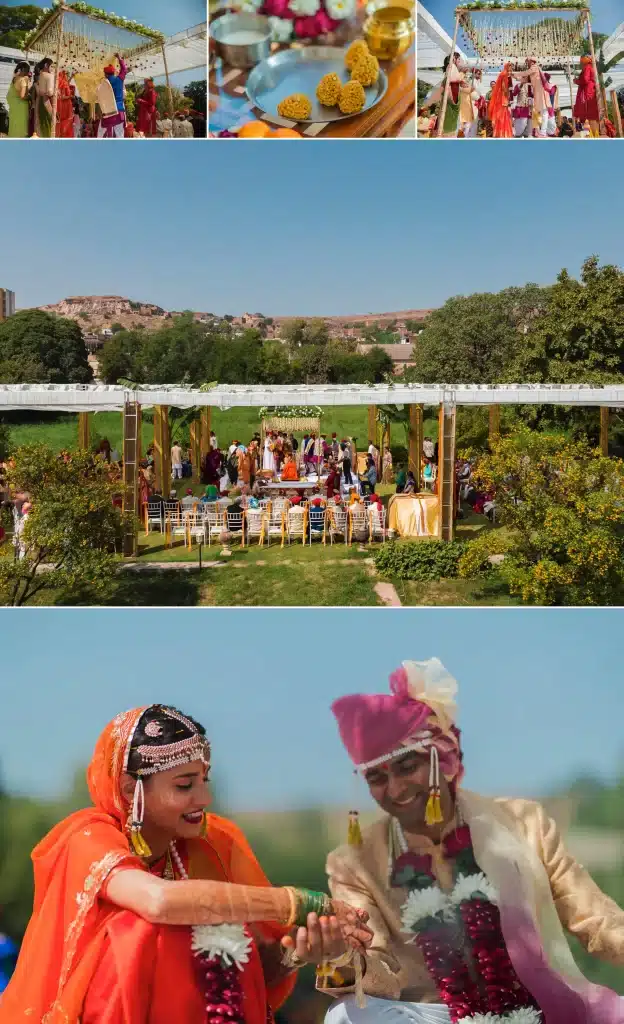 A bride and groom in traditional wedding attire, performing sacred rituals surrounded by family and guests in celebration