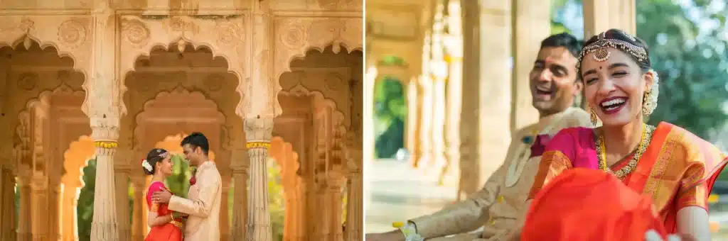 "Romantic couple posing for a photograph at Deo Bhag, Neemrana in Gwalior, perfect for a destination wedding celebration."  