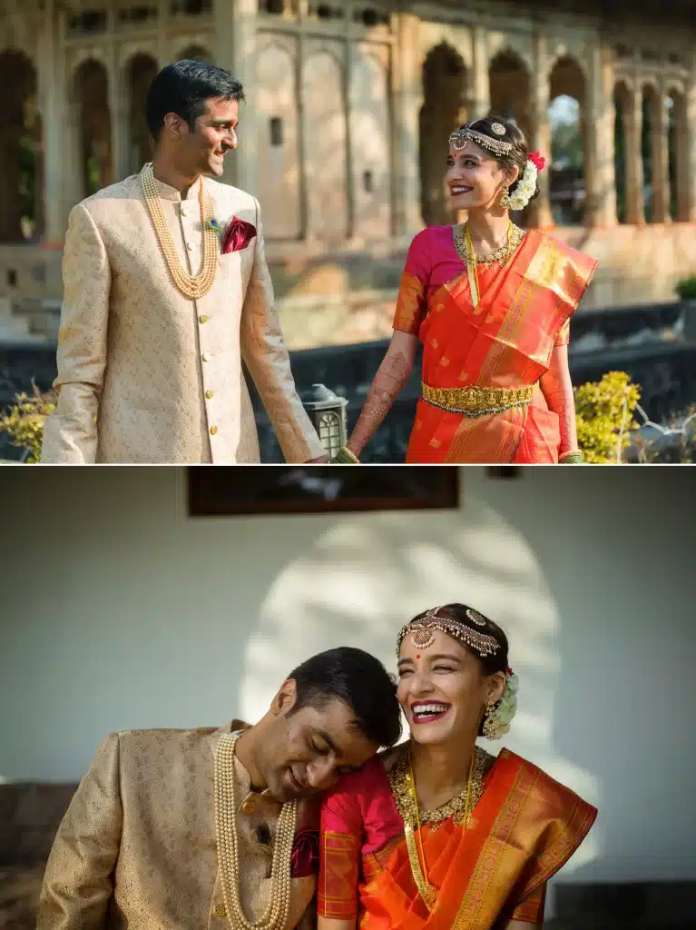 "Romantic couple posing for a photograph at Deo Bhag, Neemrana in Gwalior, perfect for a destination wedding celebration."  