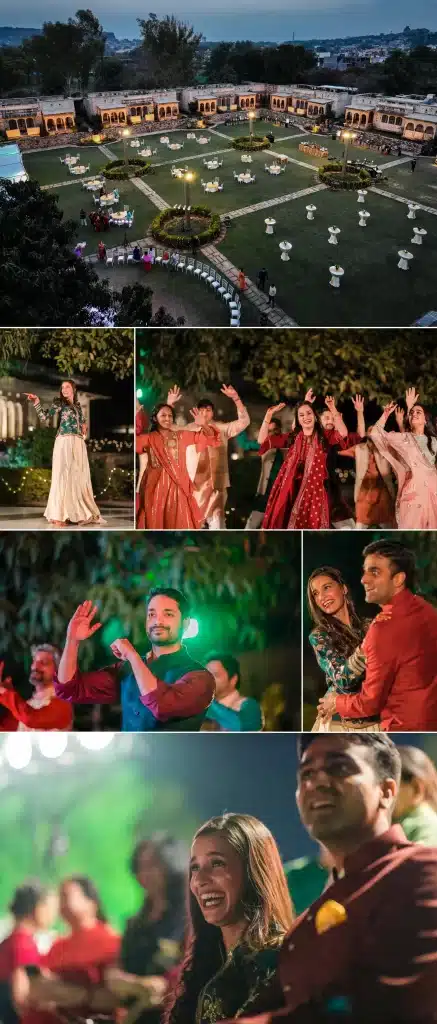 A joyful couple and their family members dancing energetically at a lively sangeet function, celebrating with smiles and laughter.