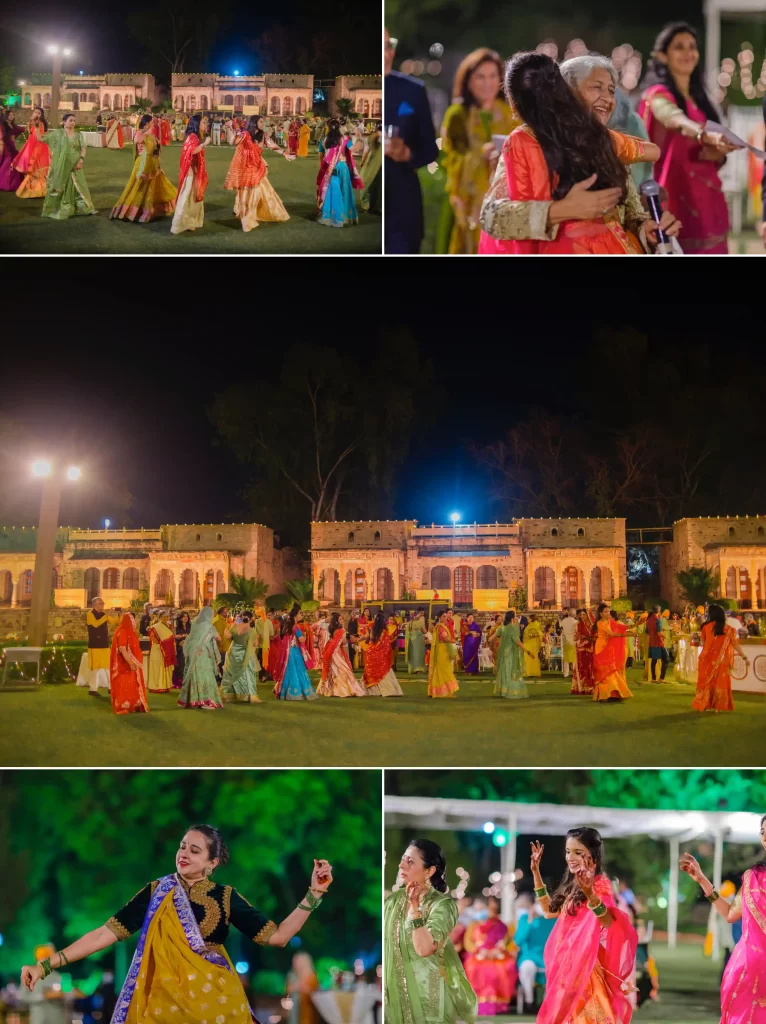 A joyful couple and their family members dancing energetically at a lively sangeet function, celebrating with smiles and laughter.