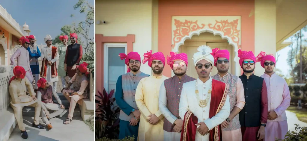 Stylish groom in traditional Indian sherwani, posing amidst the opulent charm of Jaipur during his destination wedding