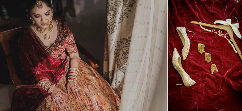 Bride adorned in intricate red and gold wedding lehenga, posing at The Indana Palace in Jaipur