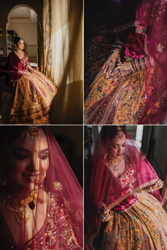 Beautiful bride in traditional Indian bridal attire, standing against the backdrop of Jaipur's palatial architecture