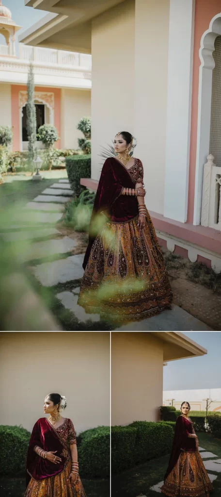 Beautiful bride in traditional Indian bridal attire, standing against the backdrop of Jaipur's palatial architecture