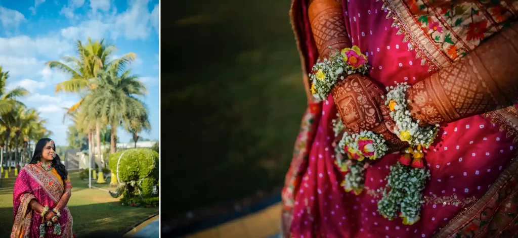 A joyful bride-to-be sitting surrounded by vibrant yellow turmeric paste and flowers, getting ready for her haldi ceremony.
