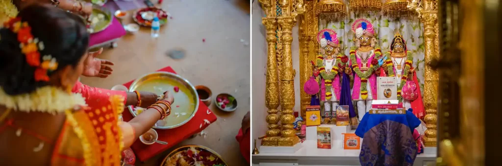 Traditional Gujarati pithi ceremony ritual captured, showing the bride-to-be surrounded by loved ones applying auspicious turmeric paste on her skin in joyful celebration.