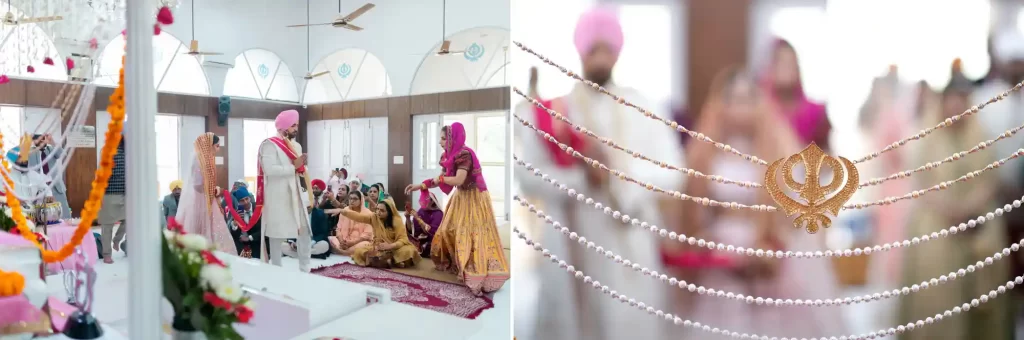 Sikh couple performing the traditional ritual of taking pheras around the Guru Granth Sahib.
