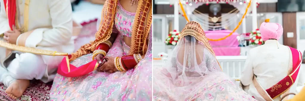 Bride and groom encircling the Guru Granth Sahib, symbolizing their commitment in a Sikh wedding.