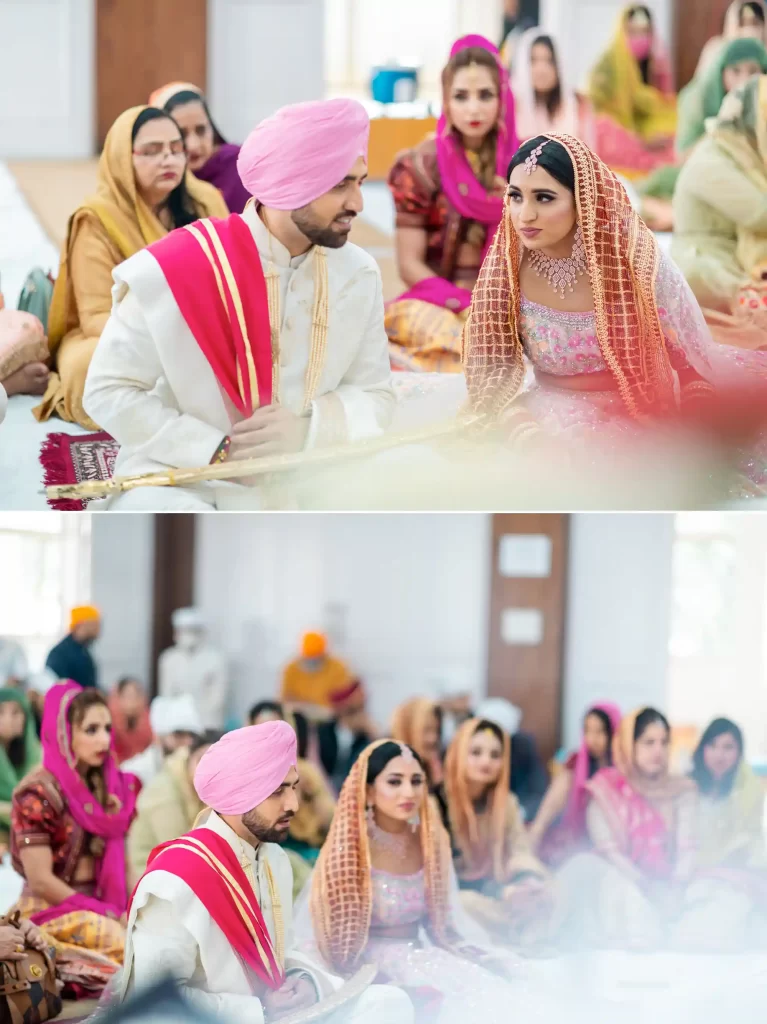 Bride and groom encircling the Guru Granth Sahib, symbolizing their commitment in a Sikh wedding.