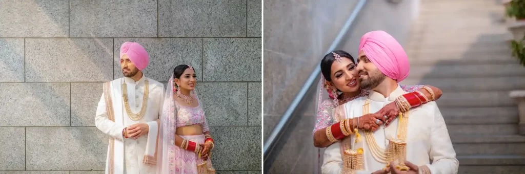 The couple poses joyfully wedding photoshoot, capturing their love and excitement before their wedding, skillfully photographed by a talented Sikh wedding photographer.