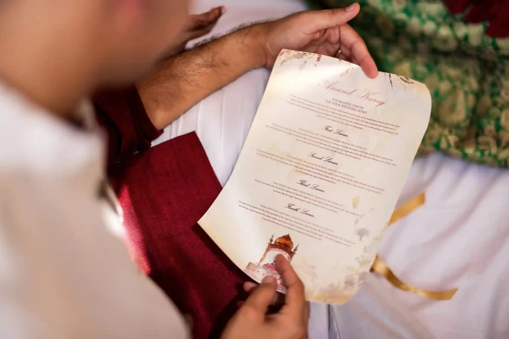 An elegant Sikh wedding invitation featuring traditional motifs and vibrant colors, symbolizing the joy and celebration of the upcoming union.