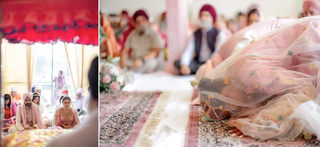 Sikh couple performing the traditional ritual of taking pheras around the Guru Granth Sahib.