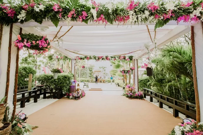 Stunning venue set for a Destination Indian Wedding in Zanzibar, adorned with colorful floral arrangements